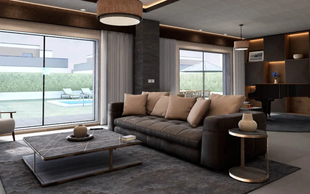 Salón de una vivienda replicado en 3D, con ventanales al jardín y la piscina